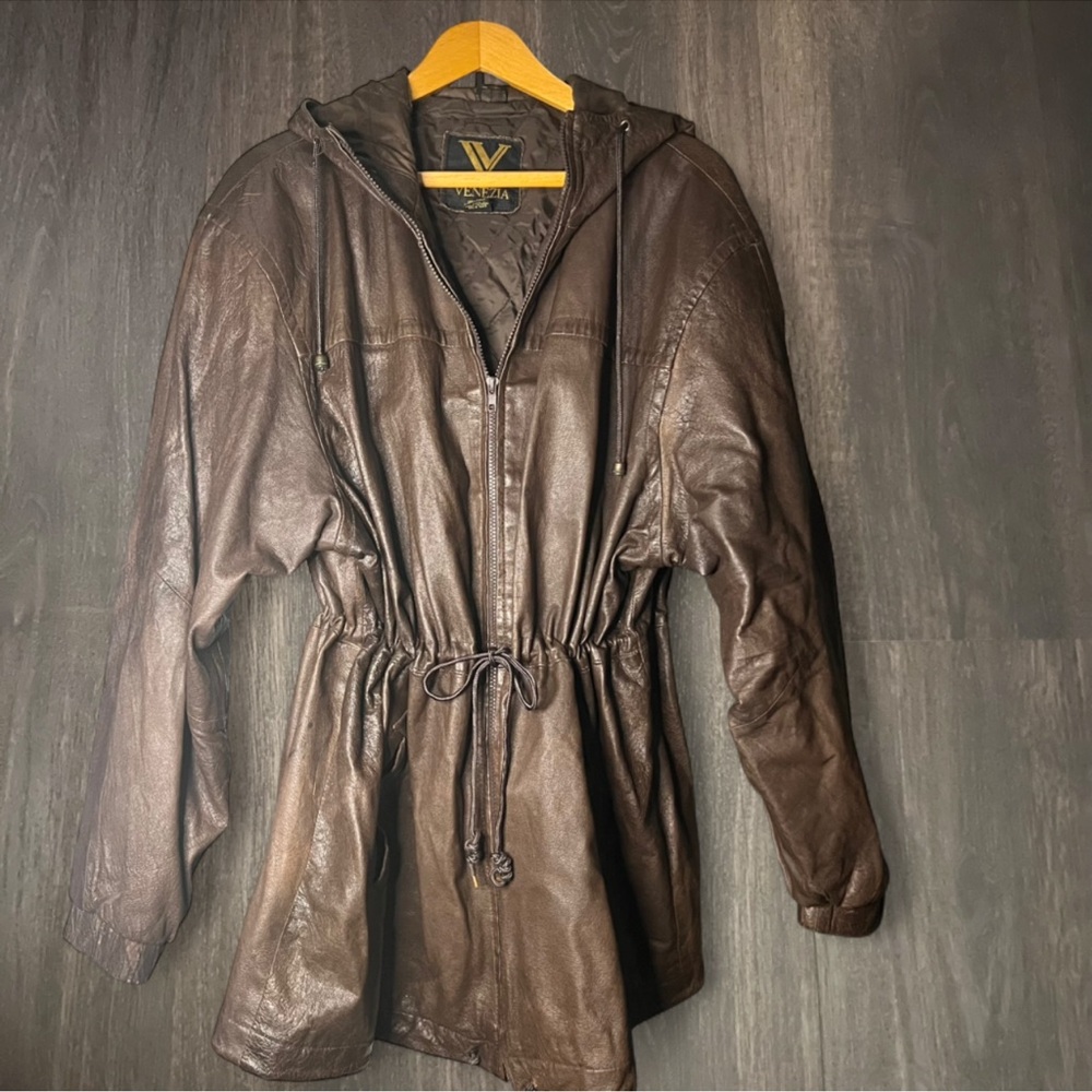 Venezia Brown Leather Hooded Jacket | Size 18/20 | Cozy Fall Layer